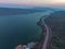 .aerial view light on super highway Along the Lam Takhong Dam at twilight..