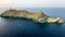 Aerial view of the Lighthouse and Tower on the island of Giraglia. Cap Corse peninsula. Corsica. France