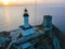 Aerial view of the Lighthouse and Tower on the island of Giraglia. Cap Corse peninsula. Corsica. France