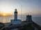 Aerial view of the Lighthouse and Tower on the island of Giraglia. Cap Corse peninsula. Corsica. France