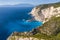 Aerial view of limestone cliffs close to Navagio or Shipwreck Beach on Zakynthos Island, Greece. Summer vacation travel