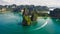 Aerial view limestone and passenger boat at rairay and aonang beach