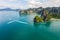 Aerial view limestone and passenger boat at rairay and aonang beach