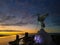 Aerial view of the Liver Bird on the Royal Liver Building, stunning Sunset, Liverpool, Merseyside