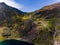 Aerial view of Llyn Glaslyn along with the PyG and Miner`s tracks leading to the summit of Snowdon, Wales