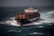 Aerial view of a loaded container cargo ship as it speeds over the ocean.