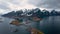 Aerial view on Lofoten islands in Norway, popular tourist destination . Aerial