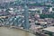 Aerial view of London skyline along River Thames. Vauxhall district