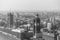 Aerial view of London with Westminster Bridge, Palace of Westminster and Big Ben being renovated in the distance. Black and White