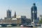 Aerial view of London with Westminster Bridge, Palace of Westminster and Big Ben being renovated in the distance. Black and White