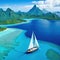 Aerial view of a lone sailboat drifting through with the lush mountain of Bora Bora in the distance