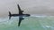 Aerial View of lonely beach with shadow of airplane