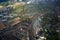 Aerial view of long freight train running in Inglewood, Calgary, Canada