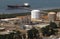 Aerial view of Long Island Point fractional Plant and crude storage tank farm with view to jetty