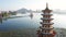 Aerial view lotus pond and  traditional Chinese Pagoda at sunrise  , Kaohsiung, Taiwan. Asia