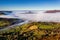 Aerial view of low level fog and cloud in a valley in the rural Brecon Beacons, Wales