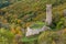 Aerial view of Lowenburg Monreal castle surrounded by colorful autumn forests in Eiffel Village