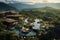 An aerial view of a luxury resort nestled in the mountains with a sparkling pool