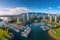 Aerial view of luxury yachts and boats in Vancouver, British Columbia, Canada, Aerial Panorama of Downtown City at False Creek,