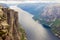 Aerial view of Lysefjorden from the mountain Kjerag, in Forsand municipality in Rogaland county, Norway.