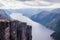 Aerial view of Lysefjorden from the mountain Kjerag, in Forsand municipality in Rogaland county, Norway.