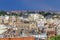 Aerial view of Madrid cityscape with Ritz hotel and San Jeronimo el Real Roman Catholic church rooftops in Madrid, Spain
