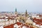 Aerial view about the main square of Sopron downtown with two iconic buildings, the Fire tower and the Goat Church.