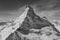 Aerial view of majestic Matterhorn mountain in black and white