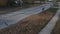 Aerial view of a man raking up fallen autumn leaves on a suburban street. American suburban neighborhood.Residential single family