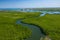 Aerial view of mangrove forest in Gambia. Photo made by drone from above. Africa Natural Landscape