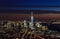 Aerial View of Manhattan, New York City at Night. Beautiful, Illuminated, Futuristic Buildings.