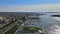 Aerial view of Manhattan skyline with lower Manhattan on large docked ship on the Red Hook Container Terminal Brooklyn