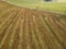 Aerial view of manure fertilized agricultural field in spring