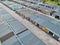 Aerial view on many car garage buildings with doors in urban area