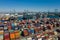 Aerial view of many shipping containers in the port of Long Beach in California