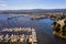 Aerial view of many yachts docked by the coastline in Monterey Bay Aquarium, in central California