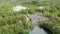 Aerial view marble canyon Ruskeala. old quarry stone mining of stones blue Water