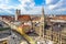 Aerial view of Marienplatz town hall and Frauenkirche in Munich, Germany