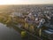 Aerial view of Maritsa river and panorama to City of Plovdiv, Bulgaria