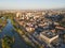 Aerial view of Maritsa river and panorama to City of Plovdiv, Bulgaria