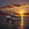 An aerial view of a massive cruise ship sailing in the ocean at sunset.