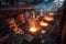 Aerial view of a massive steel mill, with molten metal being poured into molds, sparks flying, and heavy machinery at work