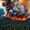 Aerial view of massive wildfire or forest fire with burning trees and orange