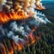 Aerial view of massive wildfire or forest fire with burning trees and orange