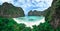 Aerial view of Maya bay.  Maya Bay is the crown jewel of Phi Phi Islands in southern Thailand. It is situated in the Hat Noppharat