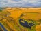 Aerial view meadows and pastures.