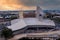 Aerial view of the Media City UK is on the banks of the Manchester at dusk