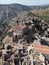 Aerial view of medieval abandoned town built on a rocky hill in Anavatos, Chios, Greece