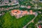 Aerial view of medieval castle Palanok, Mukachevo Munkacs, Transcarpathia Zakarpattia, Ukraine. Summer landscape