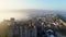 Aerial view medieval fortress surrouded Obidos in foggy and sunny morning